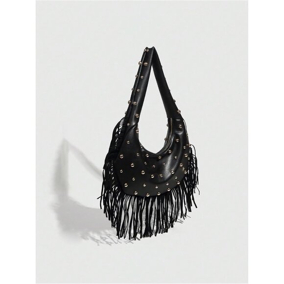 Black Women's Fringe Studded Faux Leather Shoulder Bag Zipper Handbag - Picture 4 of 4